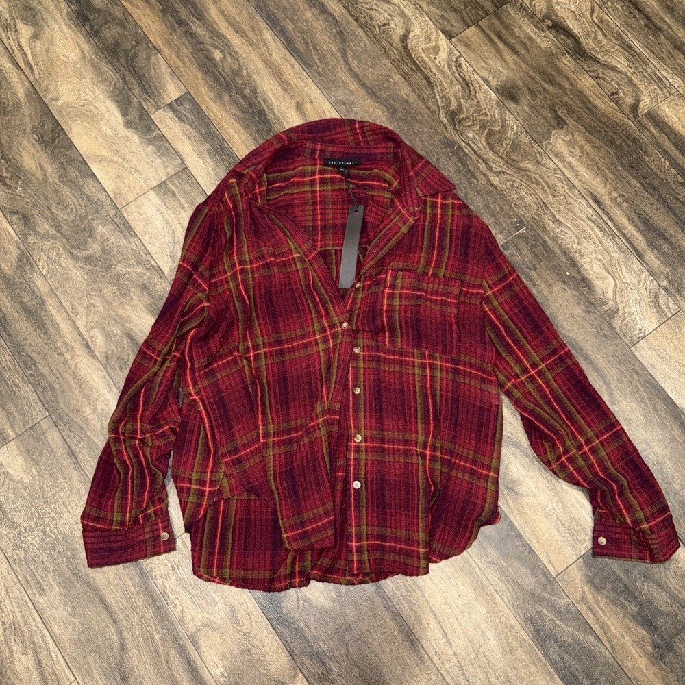 Jane and Delancey Button-Up Crinkle Plaid Blouse Women's Size S NWTGS Outdoor